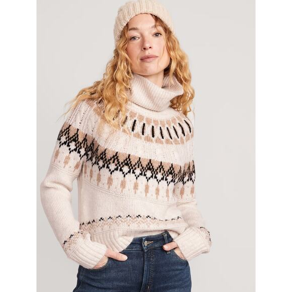 Old Navy Cozy Fair Isle Cable Knit Turtleneck Sweater Cream Neutral sz L - Picture 1 of 5
